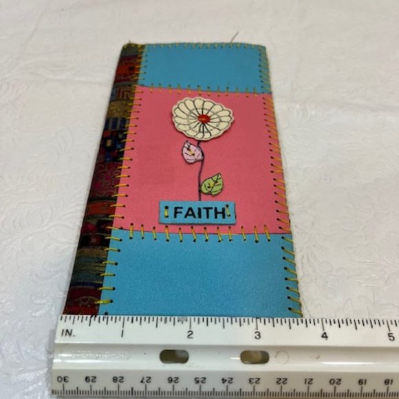 Handmade Pink Blue Leather Fabric FAITH Floral Wallet 3.75"x7.5" - Picture 8 of 9